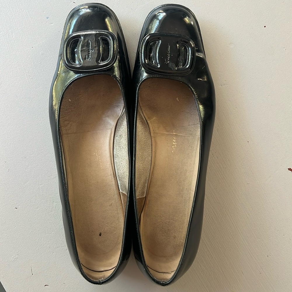 Salvatore Ferragamo black patent low wedge